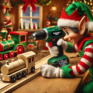 A cheerful elf in a festive workshop uses a green power drill equipped with a Second Set Magnet to assemble a wooden toy train, surrounded by holiday decorations and other completed toys.